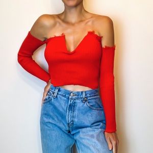 Off shoulder long sleeve distressed plunge v top